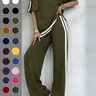Women's Casual Athletic Sportswear Set, Solid Sports Sets, Pure Color Round Neck Short Sleeve T-Shirt, Split Hem Top, Striped Long Pants, Spring Summer Two-Piece, Athleisure Outfits