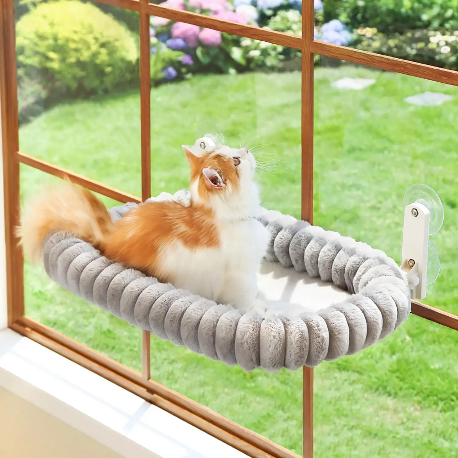 SnugCloud Foldable  Window Perch - Cordless, Ultra Soft Machine Washable Bed with 4-Sided Bolster, Metal Frame - Window Hammock for Large Cats and Kittens (Gray, Medium)