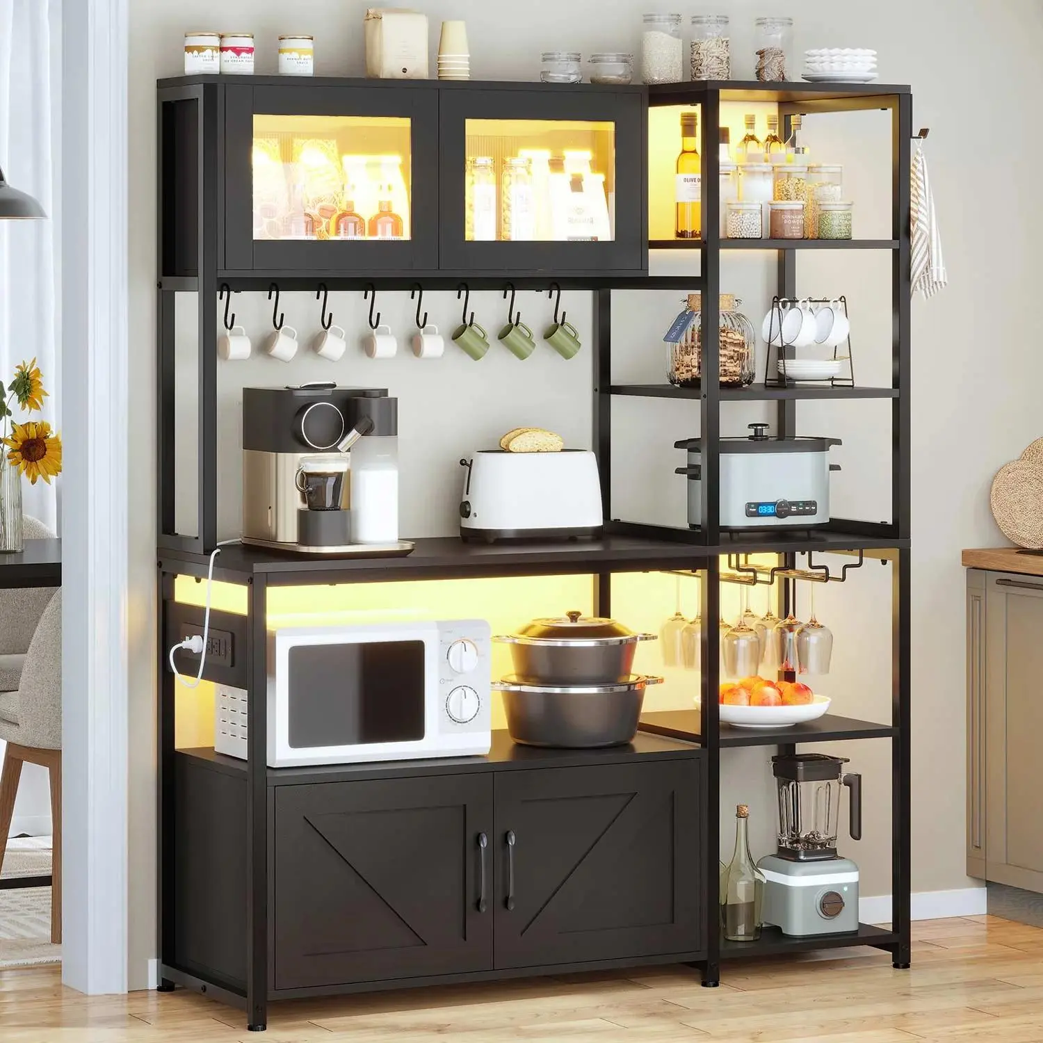 SIKAIC 45.3-Inch Rectangular Wood Bar Table Cabinet - Black Farmhouse Baker Rack, Single Unit Indoor Storage Furniture with Built-in Shelves, Power Outlet, LED Lights, Goblet Holder, Assembly Required