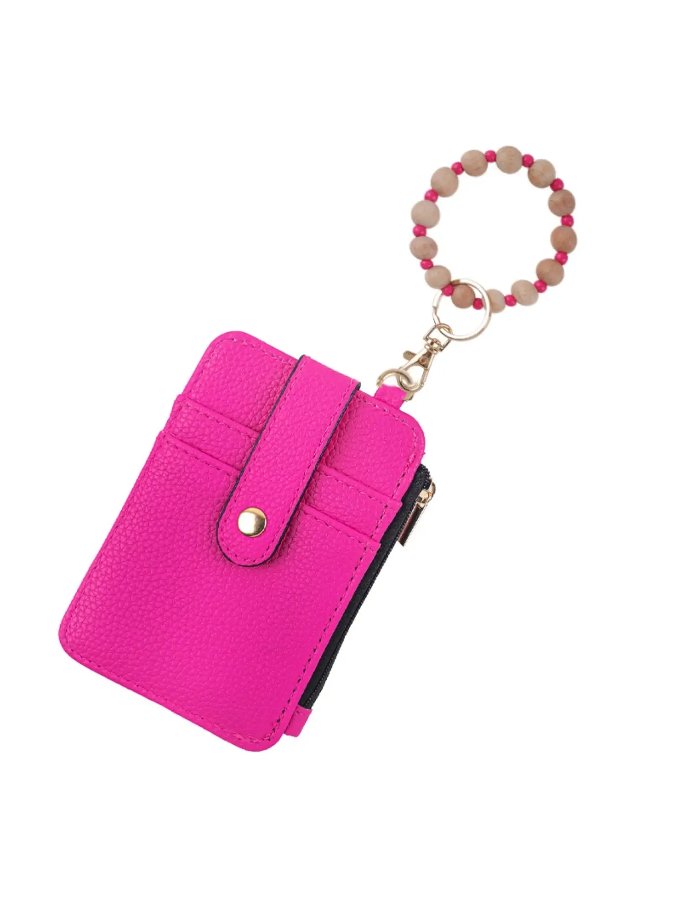 Colorful Beaded Keychain Card Holder Wallet, Mini PU Leather Coin Purse & ID Card Organizer with Decorative Bow, Zipper & Snap Closure, Compact Wristlet, Trendy Chic Cute Accessory for Women, Pink/Blue/Green/Light Blue/Fuchsia