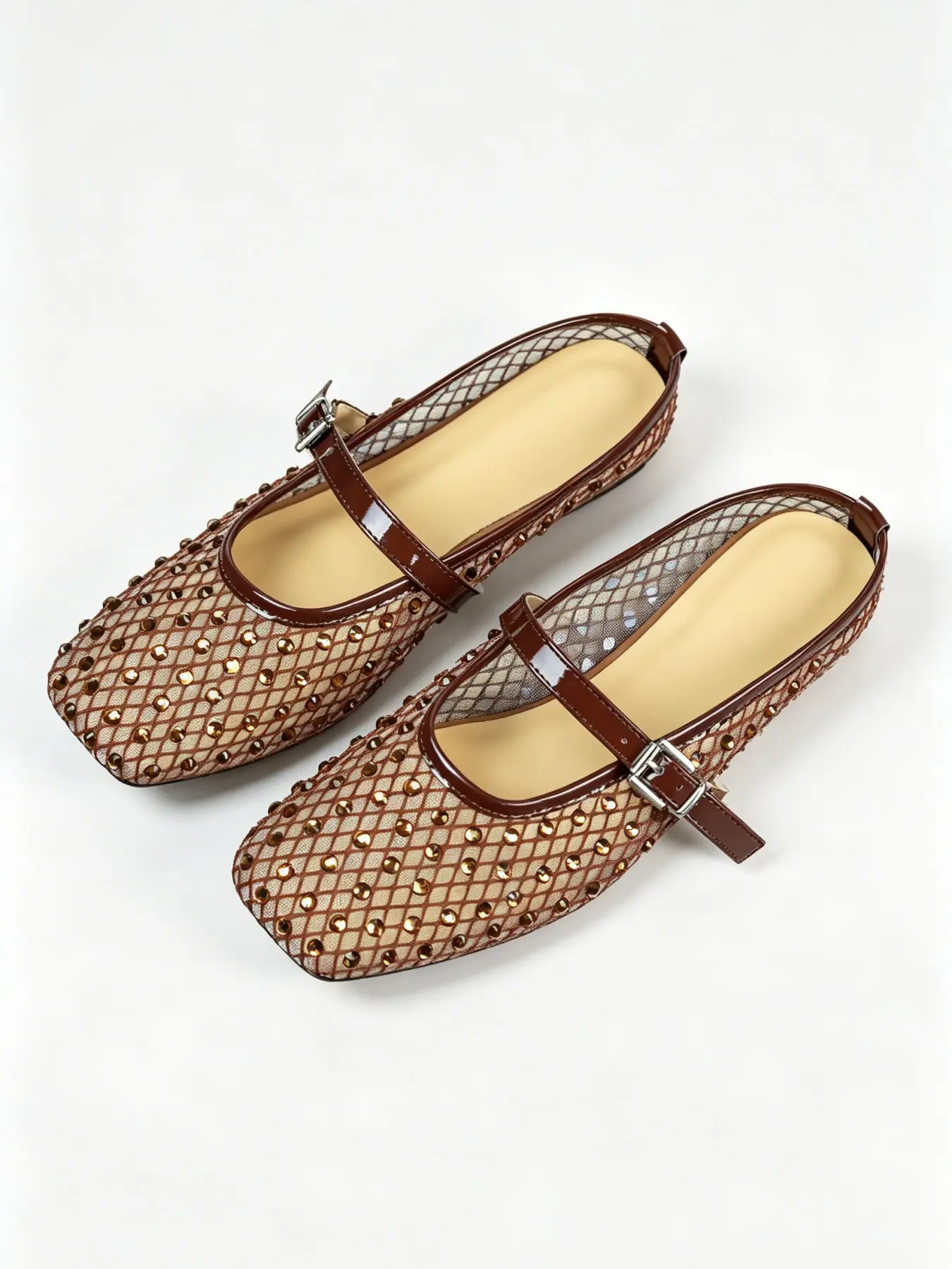 Upgrade Women's Square Toe Flat Mules, Rhinestone Mesh, Breathable, Comfortable, Lightweight, Wide Fit, Casual Daily Wear