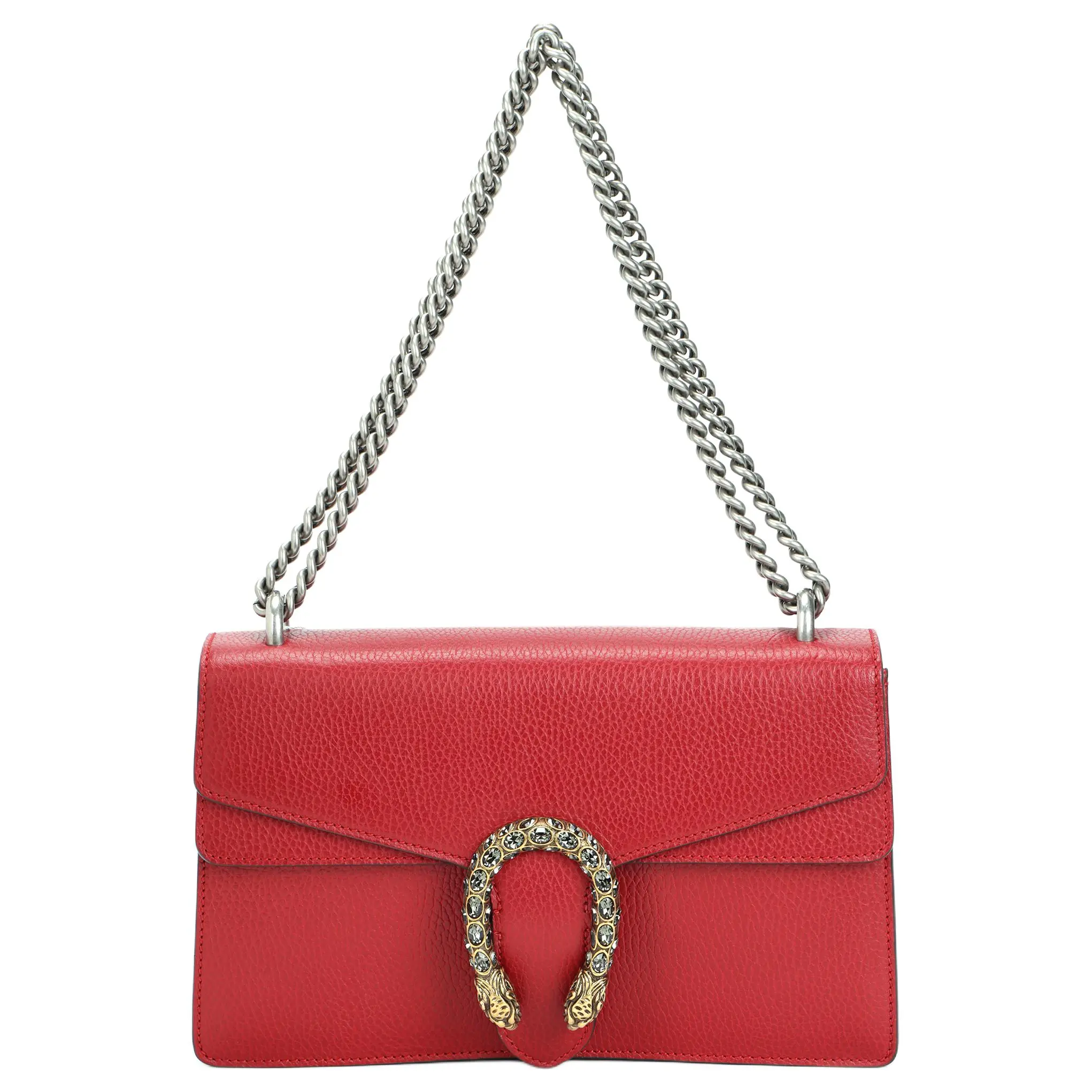 Gucci Dionysus Distressed Tiger-Head Clasp Chain Strap Leather Crossbody Bag for Women in Red