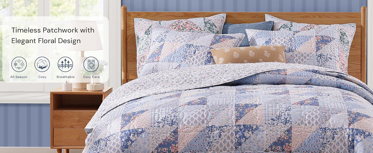 Set Queen Size, Patchwork Blue Pink Marigold Floral Sets, Reversible Bedspread Lightweight and Breathable for All, Soft Quilted Bedspread with 2 Pillow Shams