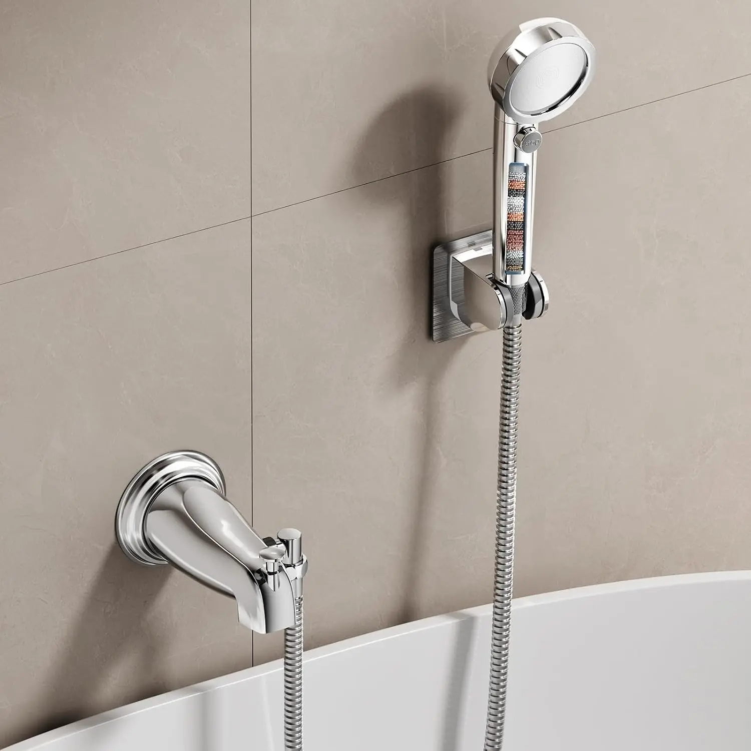 Bathtub Faucet with Sprayer, Metal Tub Tap with Sprayer (Chrome) | Filtered Shower Head Attaches to Tub Faucet, Bathtub Shower Attachment with 3 Adapters, 3-Mode Shower Head with ON/OFF Button