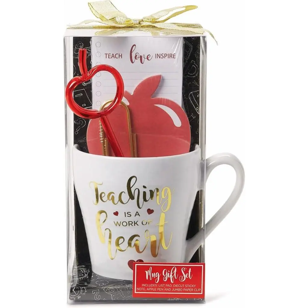Teacher Appreciation  for Women or Men - Bundle Includes Mug, Writing Pad, -Shaped Pen and Sticky Notes,   Paper Clip - Heart Coffee Cup - Teacher Appreciation Week Thank You