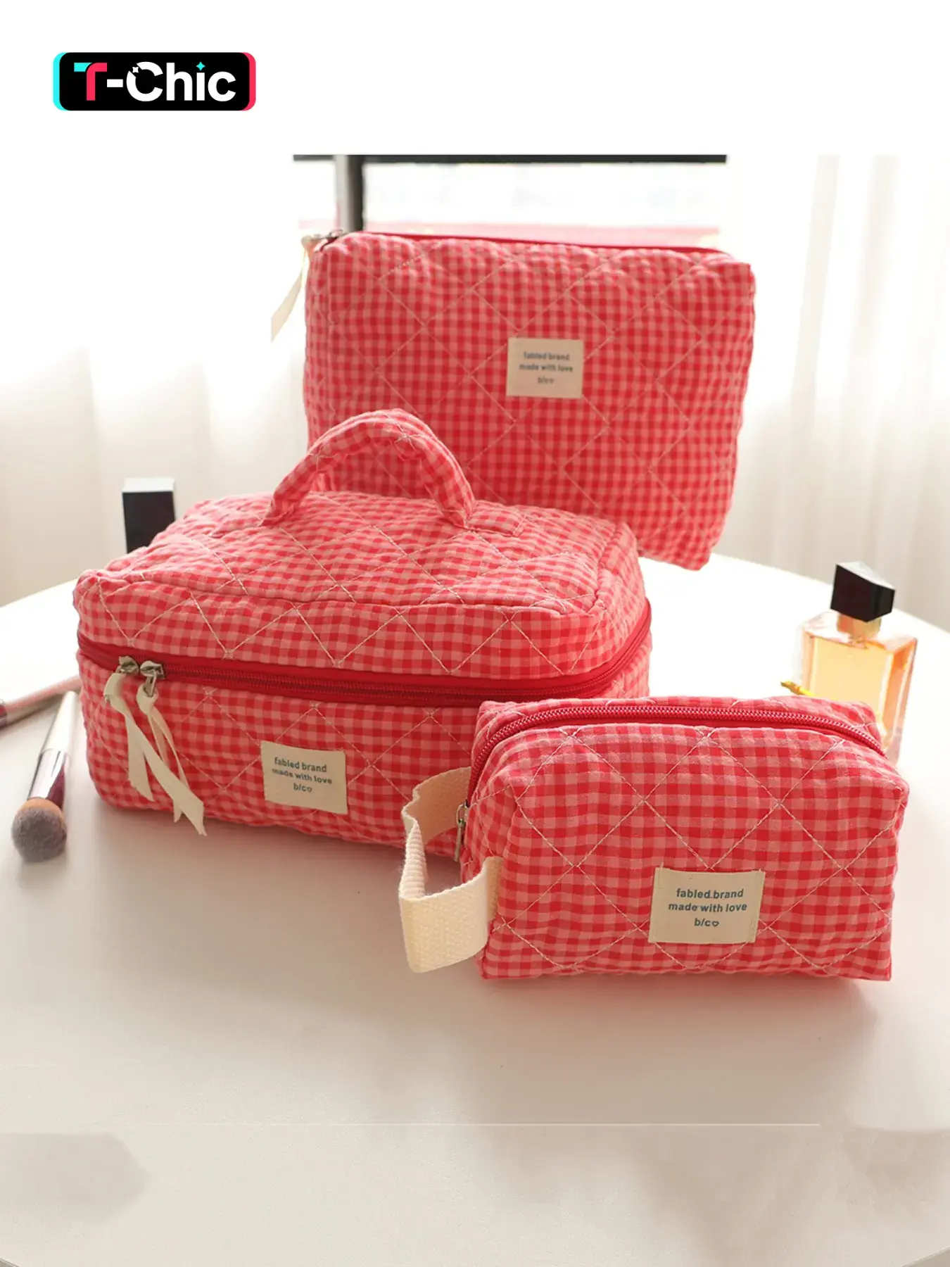 Set of Three Large Capacity Portable Makeup Bags, Women/girls Skincare Washroom Storage Bag, Multifunctional Cute Wallet Style Plaid Bag, Makeup Container Set, Travel Cosmetic Bag, Makeup Organizer Pouch, Travel Makeup Bags Organizers, Travel Essentials