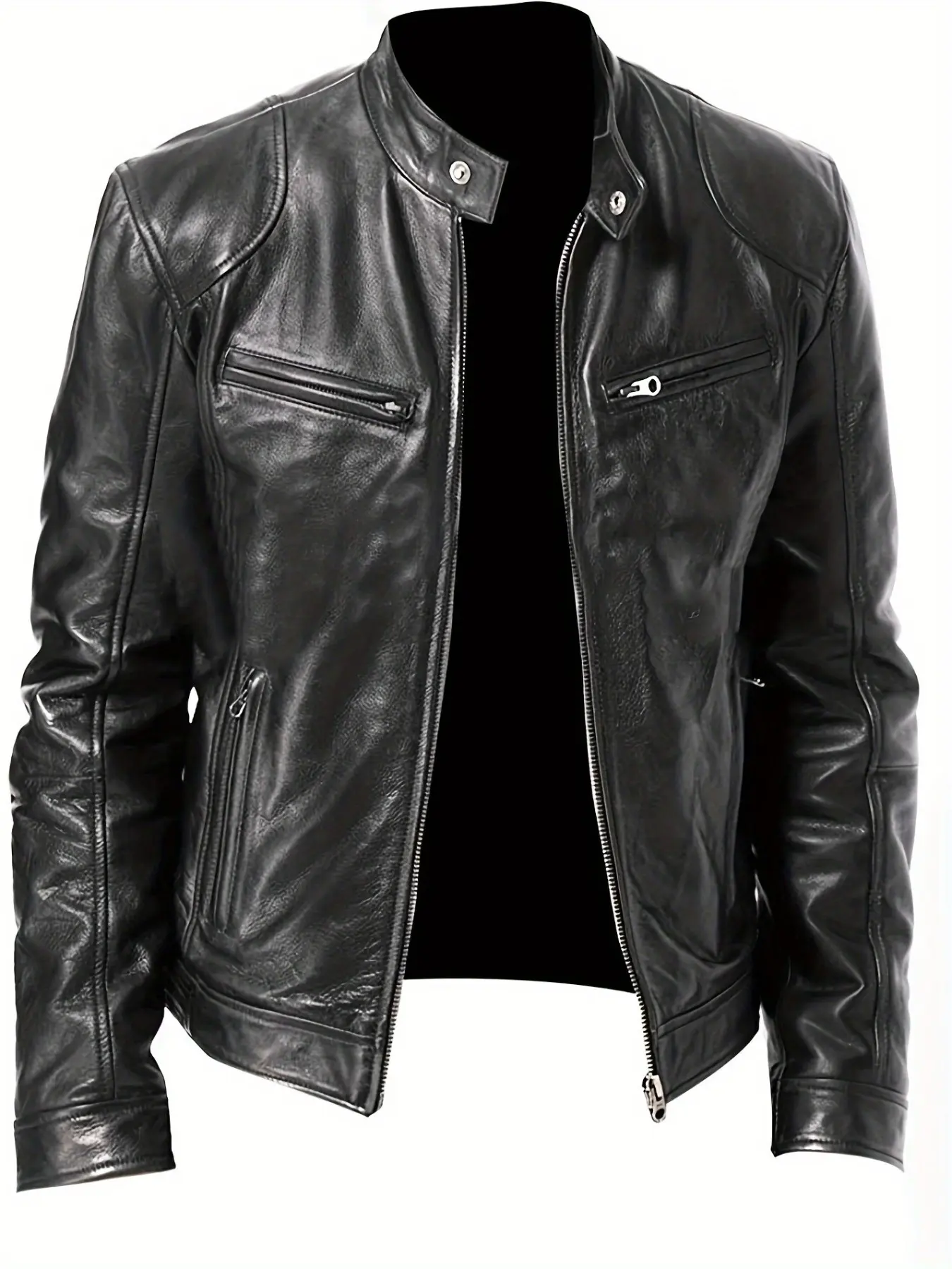 1 PC Men's Fashion Round-neck PU Jacket, with multiple zipped pockets, full-zip motorcycle windproof jacket, slim and stylish, suitable for outdoor activities and daily outings in spring and autumn seasons