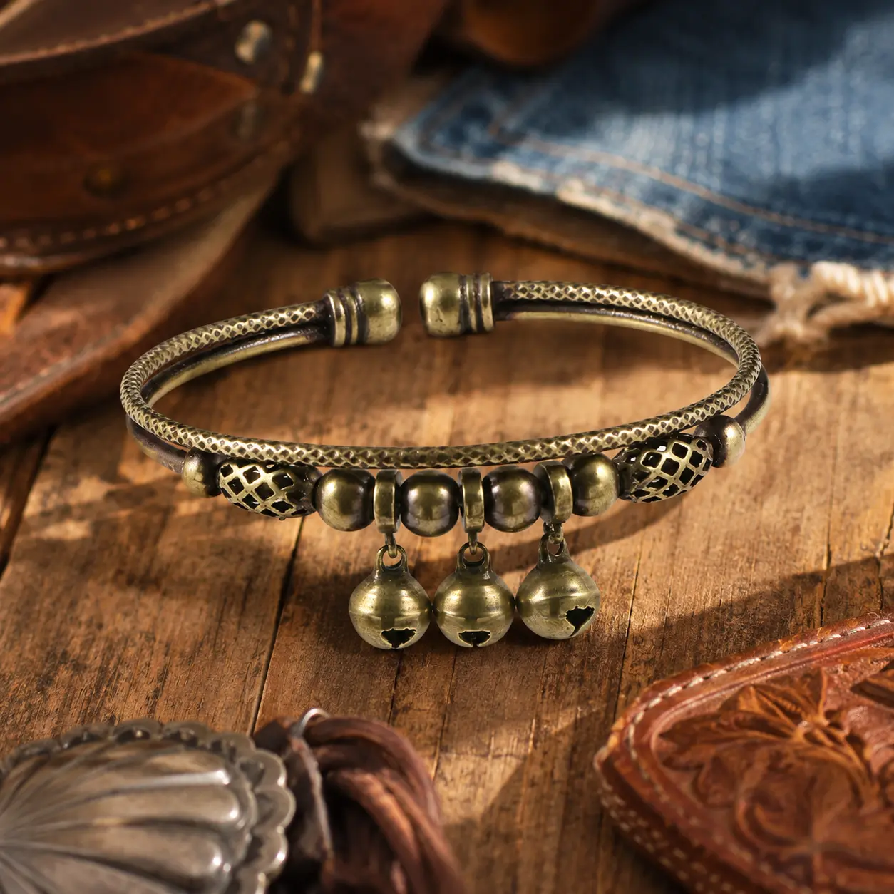 Women's Vintage Bell Bracelet - Antique Copper Open Adjustable Bangle with 3 Bell Charms, Western Cowgirl Rustic Jewelry for Boho Western Outfits, Festivals, Jingle Sound Gift, Three Bell Charms
