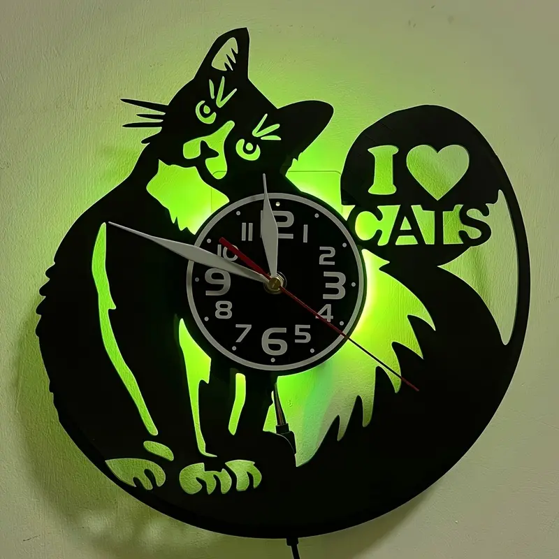 11.8 Inch Cat Clock with 7 Color Changes, Adorable Cat Kittens Vinyl Record Decorative Wall Clock, Quiet LED Night Light Wall Watch, Great Gifts for Cat Enthusiasts, Pet Shop Decoration, Perfect for Your Living Room, Bedroom, Study, Or Entertainment Area
