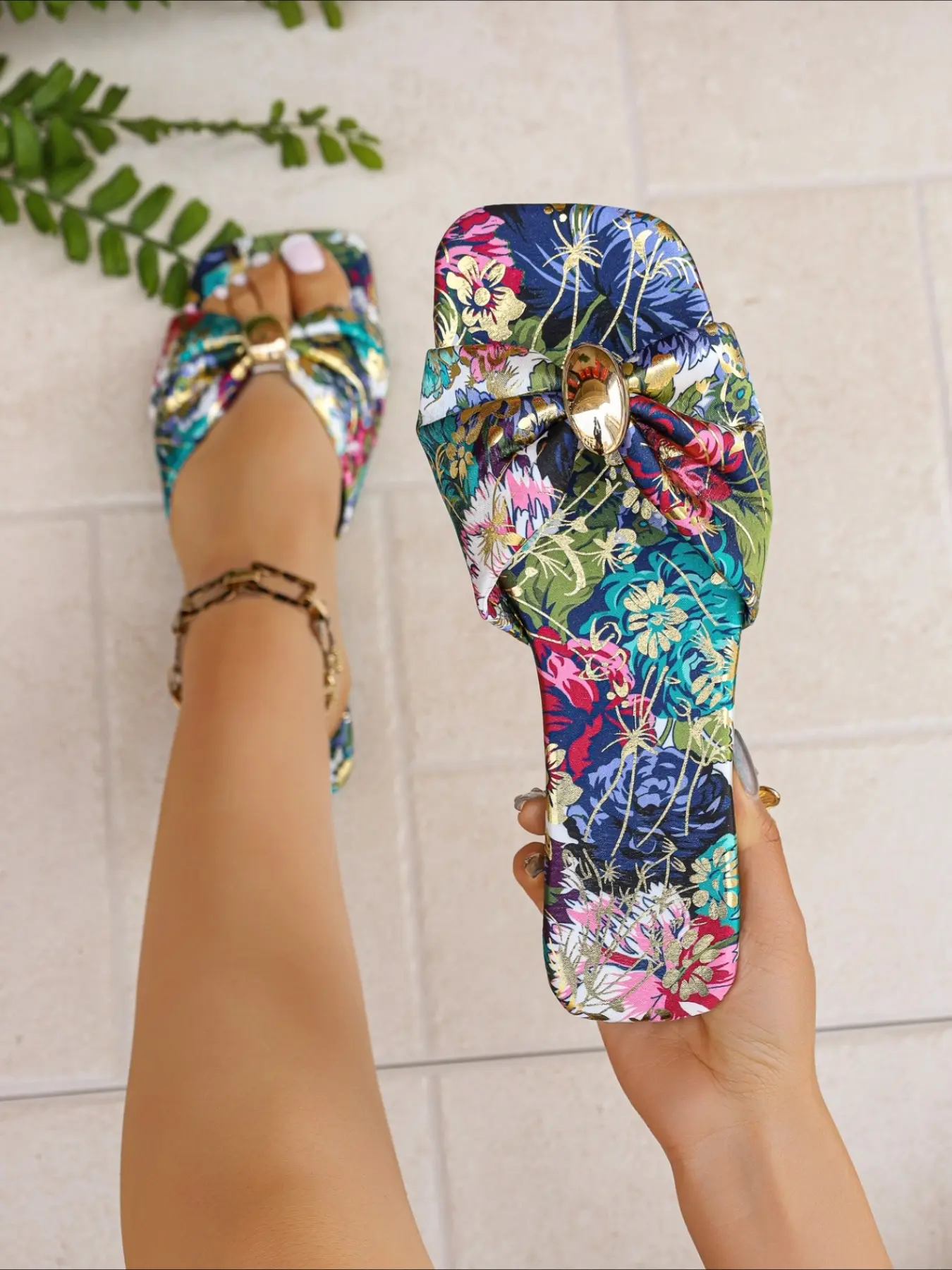 Vintage Floral Bow Slide Sandals Women Summer Beach Flat Slippers, Flowers Pattern