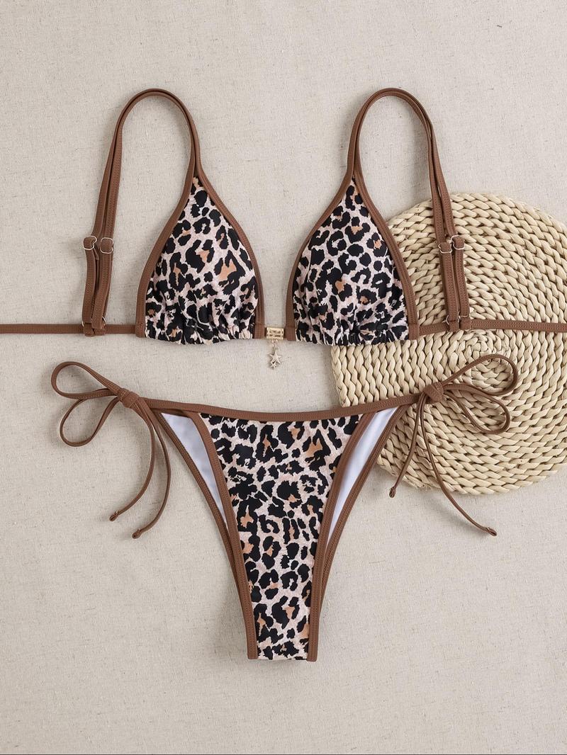 Women's Patchwork Floral Print Colorblock Bikini Set, Boho Tie Back Triangle Swim Bra & Tie Side Swim Thong, Summer Two-piece Swimsuit for Beach Holiday Vacation Swimming, Color Block Swimsuits