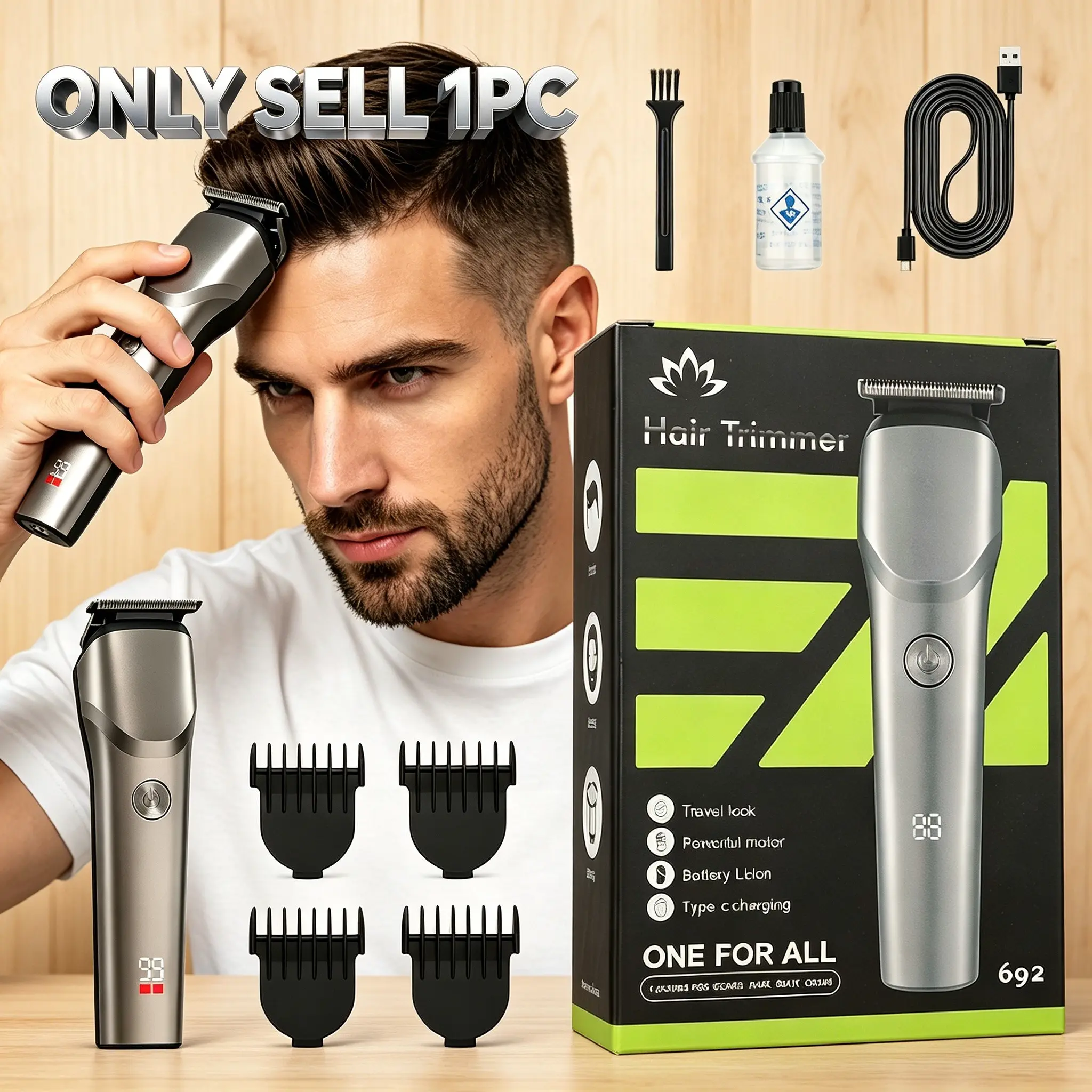 Portable Rechargeable Hair Clipper, Soft Rounded R-Edge Blade, Dual-Speed Motor, Travel Lock, Large Battery, LCD Display, Multi-Function Trimmer, Cordless Hair Trimmer