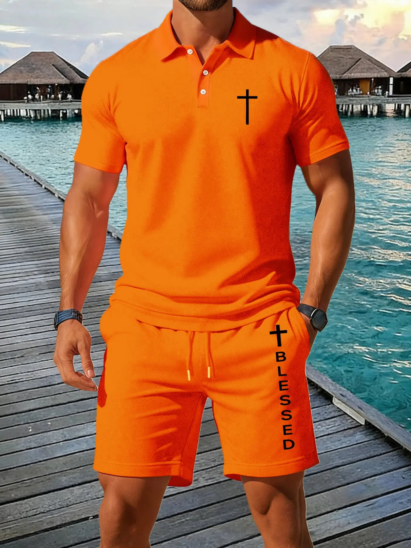 Men 2 Piece Outfit Short Sleeve Polo Shirt & Drawstring Shorts Matching Set Cross Blessed Letter Graphic Print Faith Religious Casual Streetwear Co-Ord For Summer Church Beach Daily Vacation Leisure Outfit#FaithReligiousMatchingCoOrd#faithfits