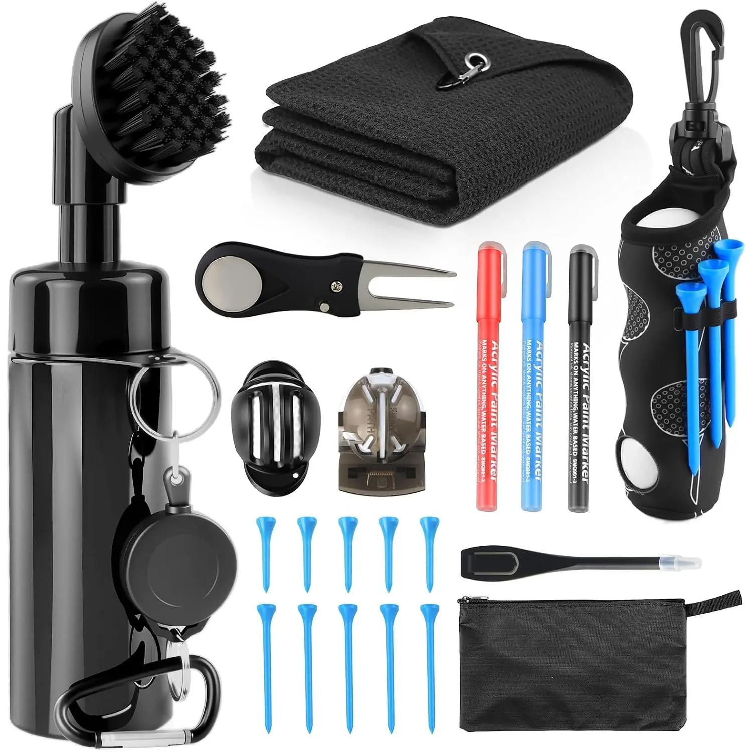 21 count Golf Essentials Kit, Golf Club Cleaning Kit - Golf Club Brush & Golf Towel, Golf Ball Bag & Tees Holder & 2 Sizes Tees, Divot Repair Tool & Ball Marker,  Haves Golf Accessories
