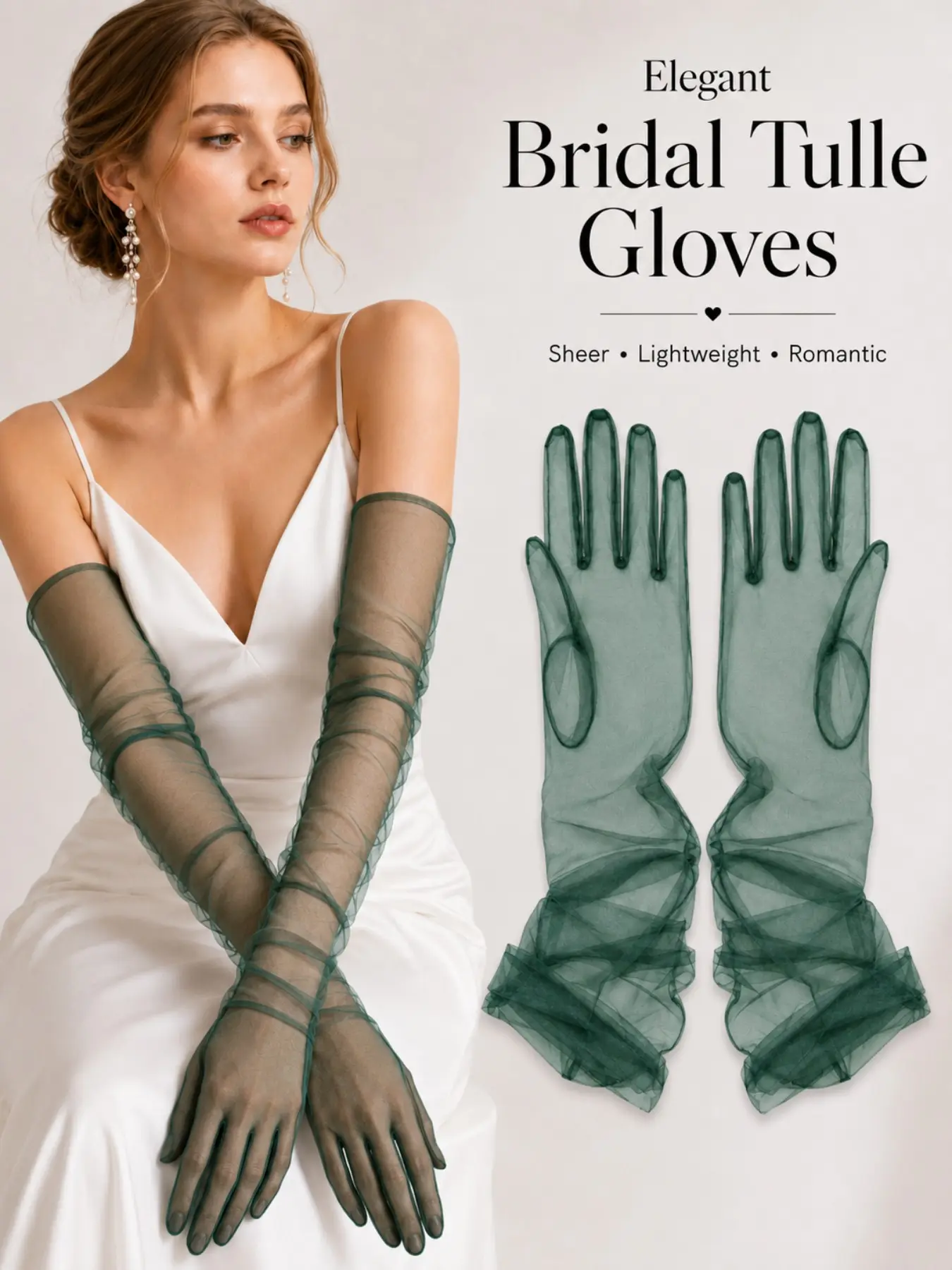 55cm Romantic Sheer Lightweight Tulle Gloves, Long Ruched Mesh Bridal Opera Gloves, Elegant See-Through Formal Gloves for Wedding, Prom, Engagement & Party Occasions