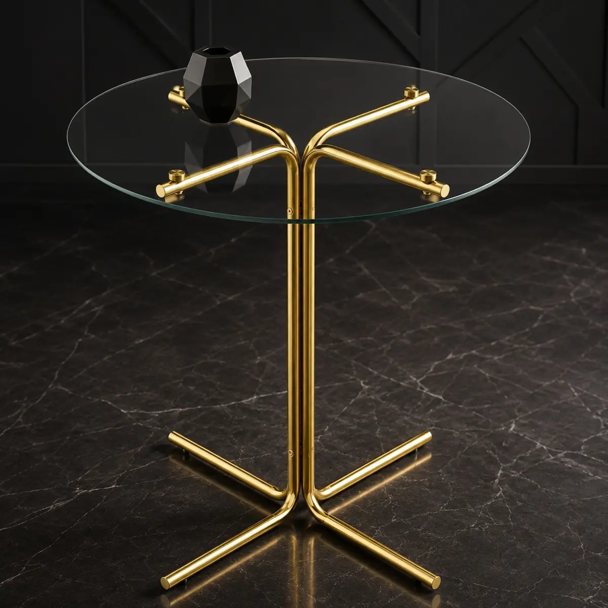 36-Inch Round Tempered Glass Bar Table - Gold Chrome-Plated 4-Column Support, Counter-Height Dining Table for Small Kitchens, Apartments