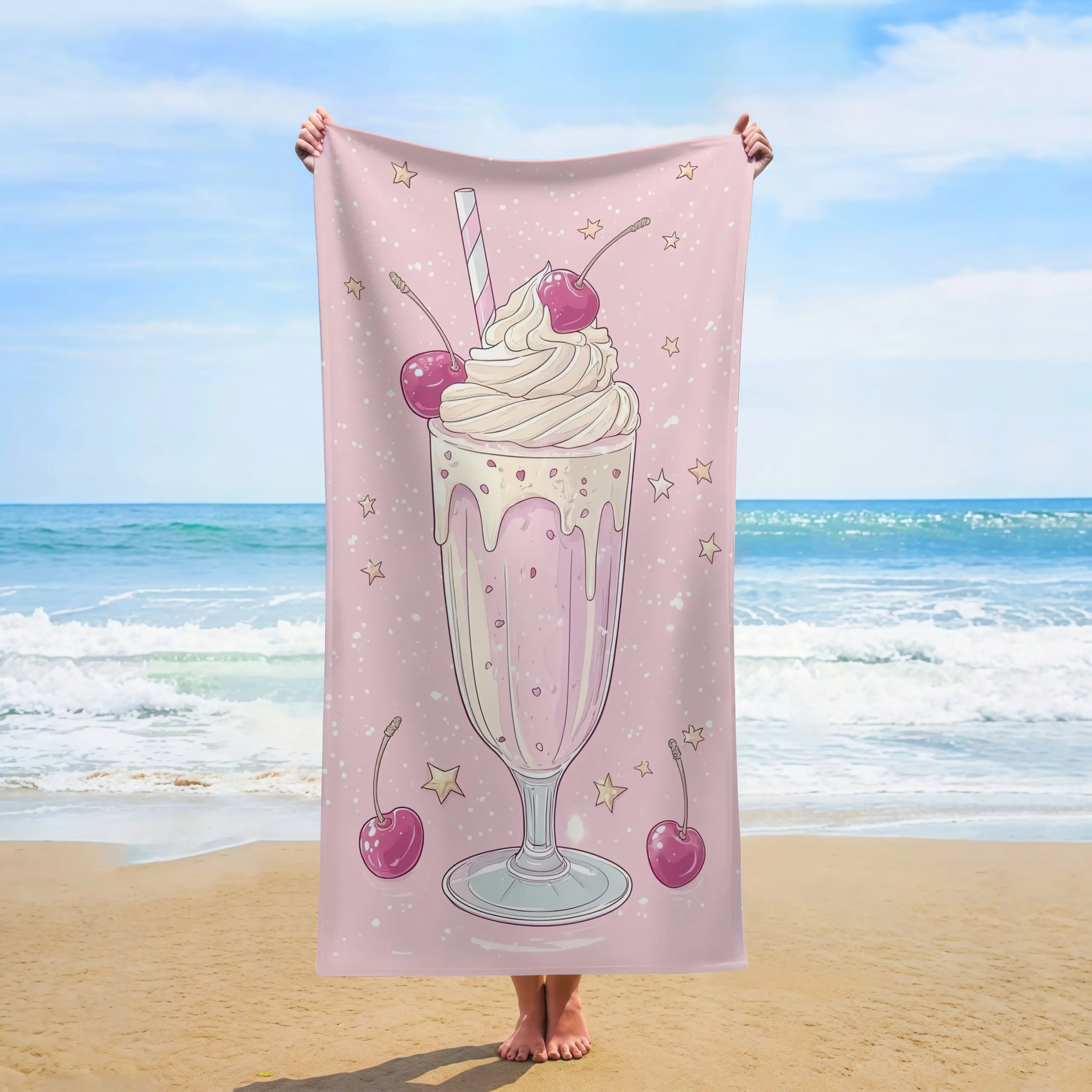 Coquette Pink Cherry Milkshake Beach Towel,Cute Kawaii Star Cream Milkshake Print Quick Dry Swim Beach Towel,Aesthetic Summer Vacation Gift For Girls Women Pool Beach Travel