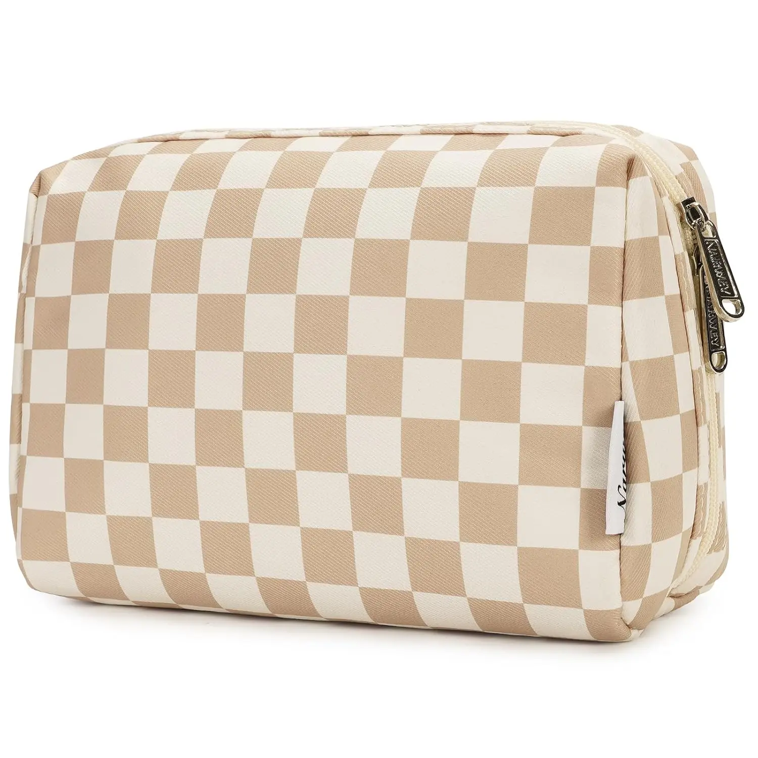 Large Light Checkered Makeup Bag for Women, Aesthetic Travel Cosmetic Organizer Pouch with Smart Compartments, Chic Toiletry Case for Daily Beauty & Skincare Essentials