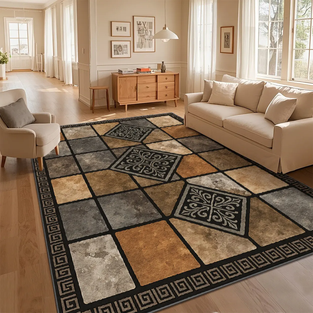 Local Delivery 4'x6' Washable Non Slip Geometric Tile Area Rug for Dining Room