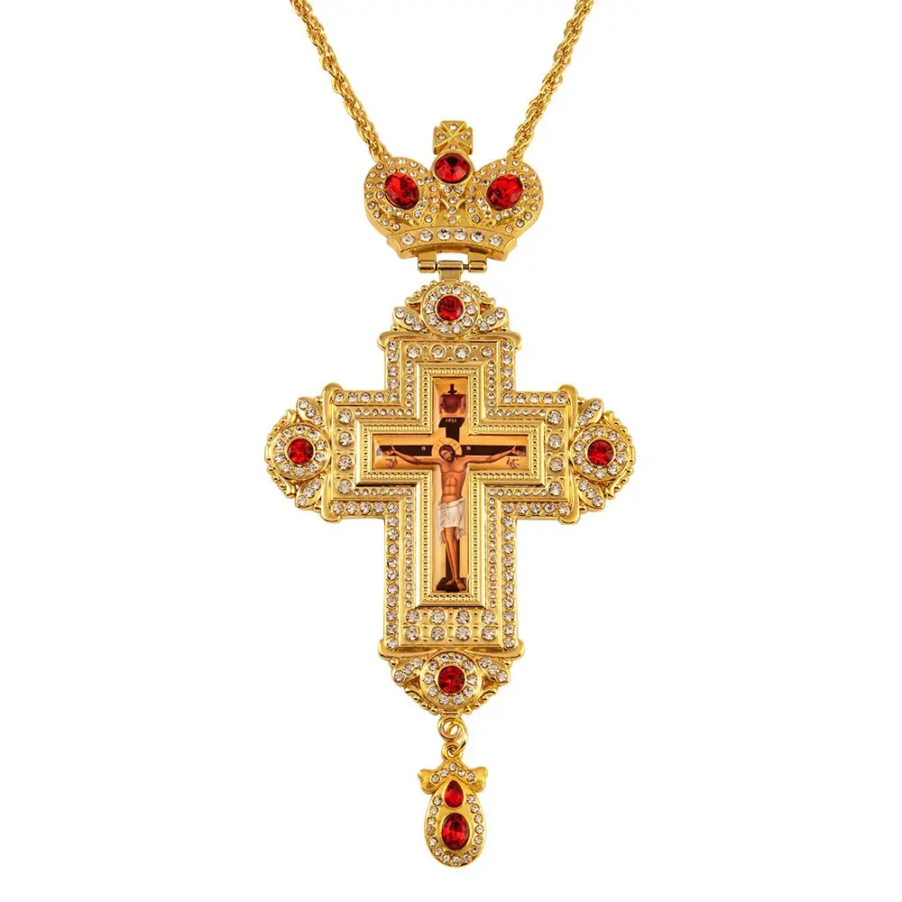 Russian Orthodox Pectoral Cross Necklace for Priest, Gold Plated 2 Colors Red Green Rhinestone Jesus Crucifix Pendant with 47inches Long Twist Chain, Eastern Orthodox Church Liturgy Religious Gift Box