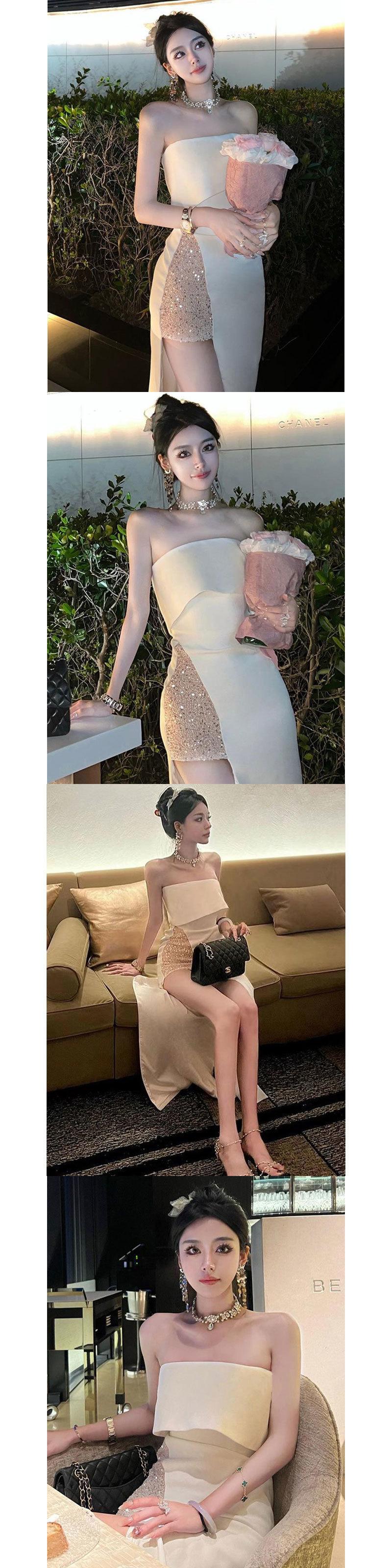 White strapless dress new French celebrity temperament high waist slit dress long skirt party birthday dress