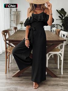 women's solid color ruffle trim jumpsuit, casual sexy belted jumpsuit for summer, ruched jumpsuit, women's tie front jumpsuit for daily wear, tie waist jumpsuit