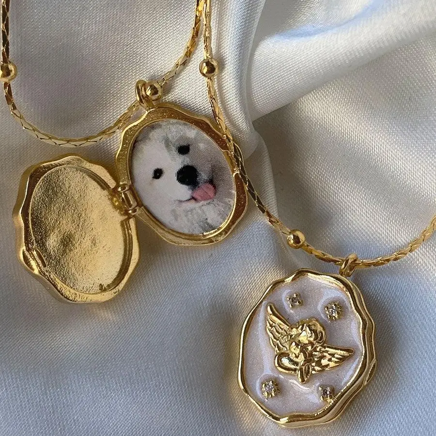 Angel Openable Photo Locket Necklace, Pet Picture Frame Pendant, Retro Literary Dainty Clavicle Chain For Women, Romantic Memory Jewelry For Daily Matching And Gift Giving