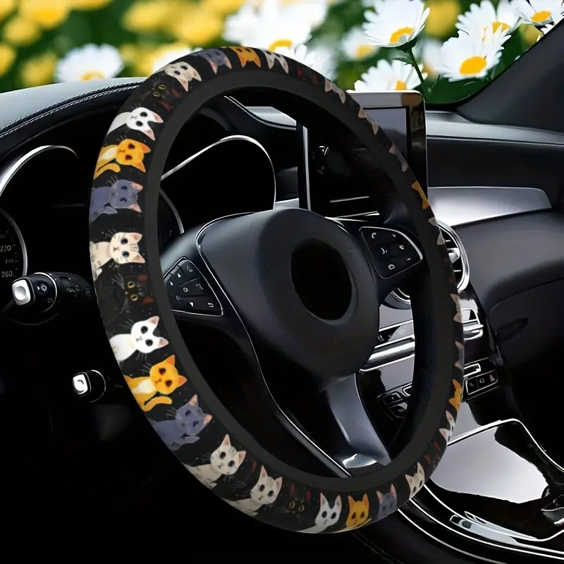 Cute Cat Pet-Themed Pattern, Single-Pack Car Steering Wheel Cover, Comfortable Grip, Stylish Car Interior Accessory, Neoprene Rubber Material, Anti-Slip Design, Specifically Designed for Most Car Models