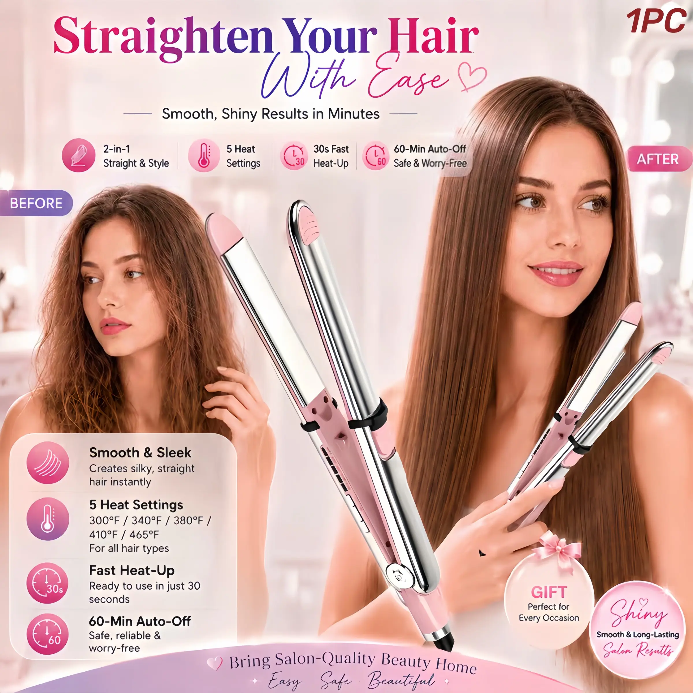 Dual-Use Straightener/Curling Iron, Professional Digital Flat Iron with Stainless Steel Curling/straightening Plates for Salon-Quality Results-Shiny And Smooth Hair, Suitable for All Hair Types, Ideal for Travel And Home Use