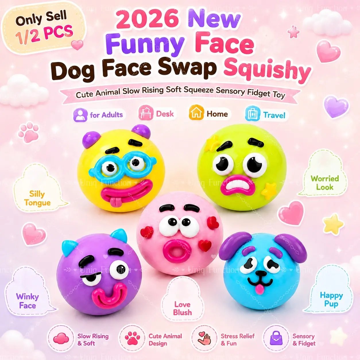 1/2 PCS 2026 New Funny Face Dog Face Swap Kawaii Squishy, Cute Animal Slow Rising Soft Squeeze Sensory Fidget Toy Stress Relief Fidgets Stress Relieving Tool for Adults, Desk, Home and Travel