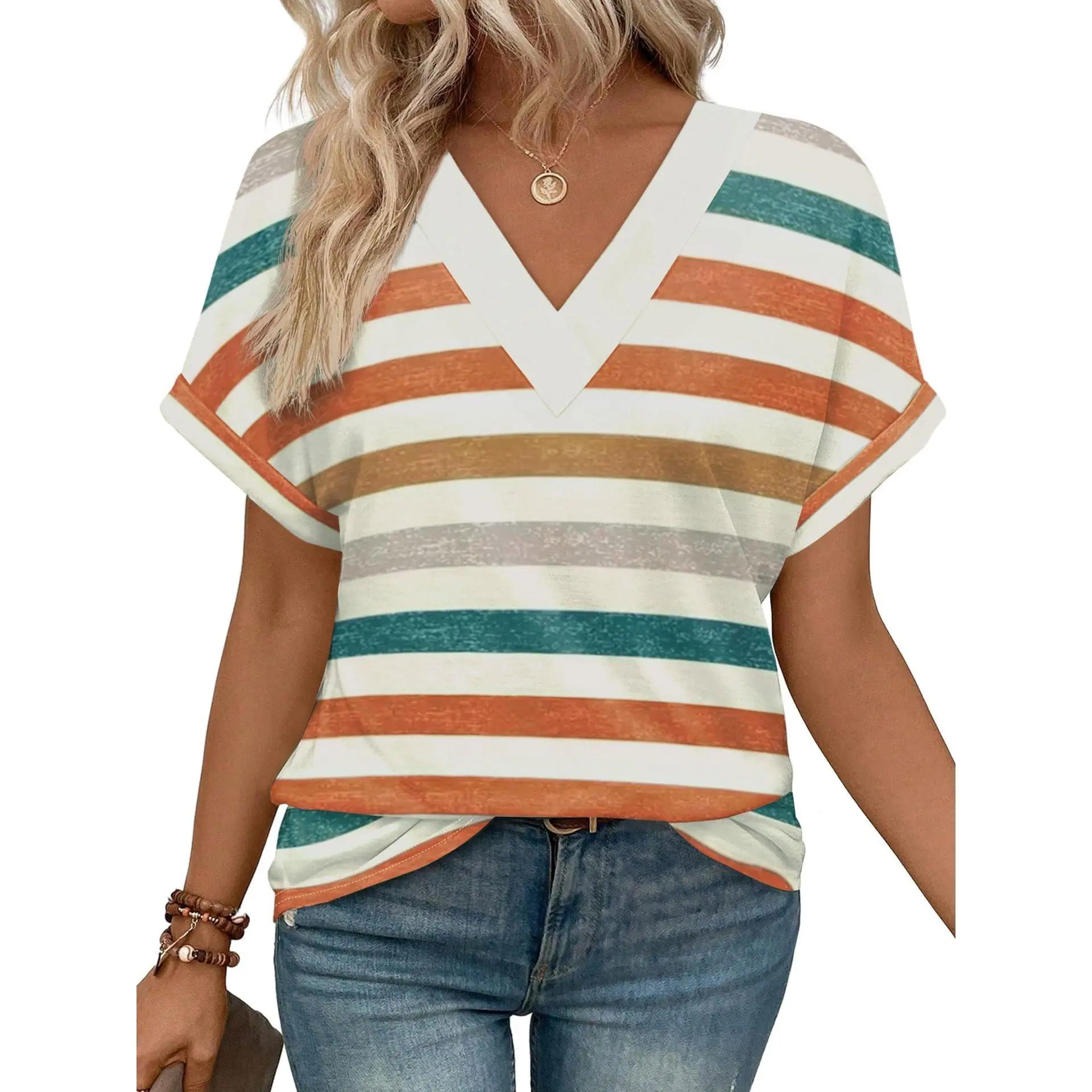 Women’s Multicolor Striped Crew Neck T-Shirt, Relaxed Fit Short Sleeve Casual Summer Top, Lightweight Color Block Basic Pullover Tee for Work, Travel, Vacation, Weekend, Streetwear, Shopping, Brunch, Office, School and Daily Outfits