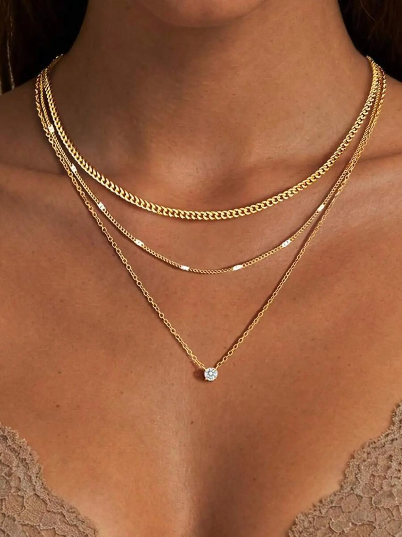 3 Piece Layered Necklace Set, Elegant Cuban Chain with Crystal Pendant, Adjustable Multi-Strand Jewelry for Daily & Party Wear Ax006