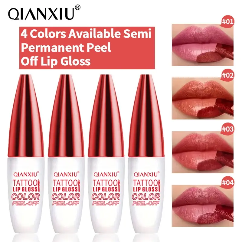Peel Off Lip Tint Waterproof Sweatproof Smudgeproof 24 Hours Long Lasting, Tattoo Lip Gloss Peel-Off Lip Stain Liquid Lipstick, Easy Peel Off Even Color Non-Stick Cup, 4 Colors Berry Pink Coral Orange Cherry Red
