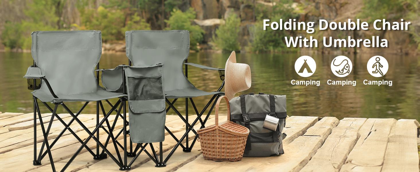 Outvita Folding Double Camping Chair w/Umbrella Beverage Holder Carrying Bag Cooler Fold Up Table, Large Bearing Capacity for Beach Patio Pool Park Outdoor Gray