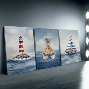 2D flat, framed, 3-piece nautical themed wall art canvas prints - marine themed lighthouse, sailboat, and oars - waterproof pine frame poster, suitable for home, office, bedroom, and living room decoration - ideal gift for marine enthusiasts, nautical dec