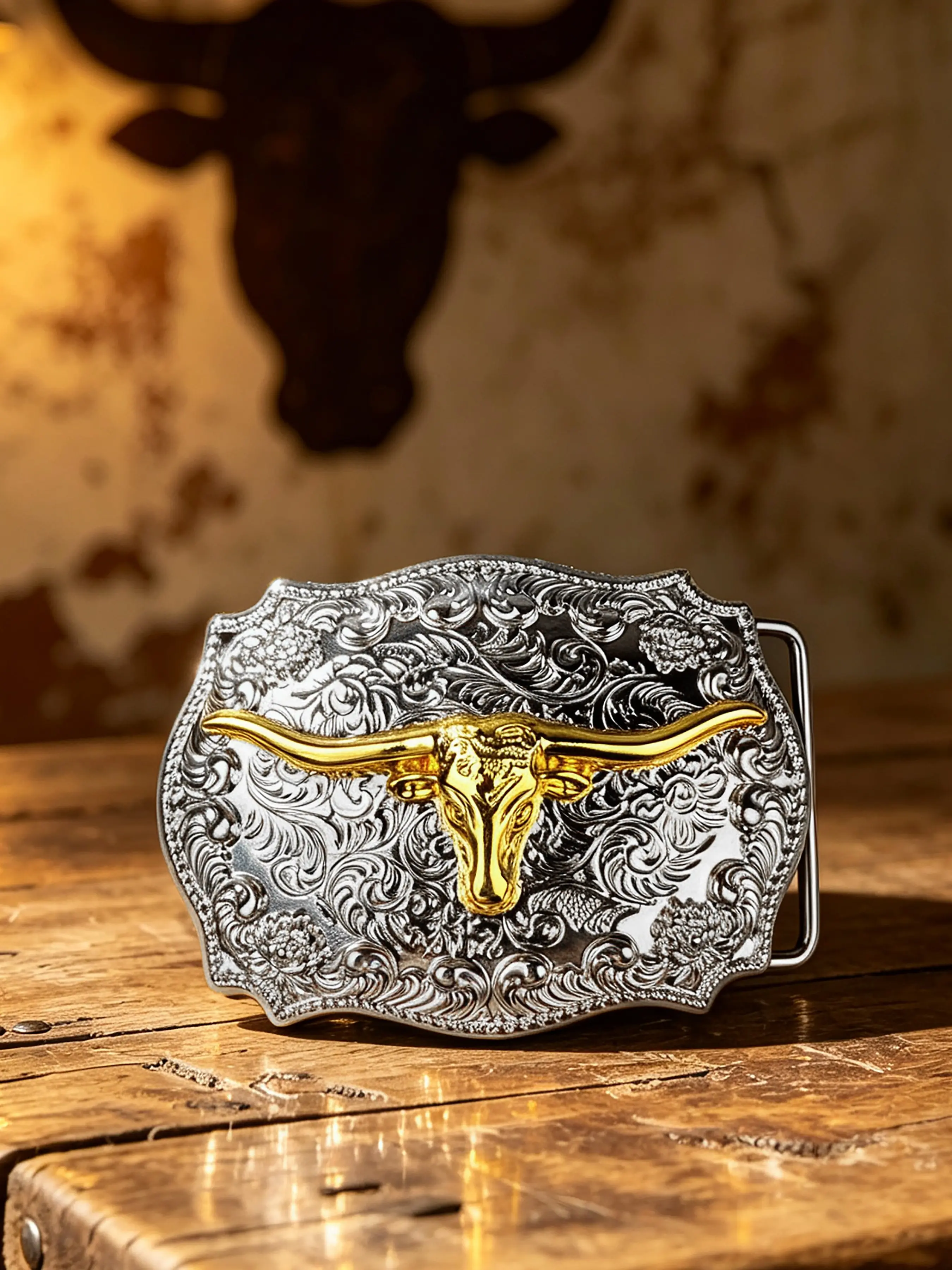 A unisex Western alloy belt buckle featuring eagle relief, horse relief, and bull head relief, with a silver-patterned base design, retro-chic plate buckle, and single buckle head, Western belt buckles