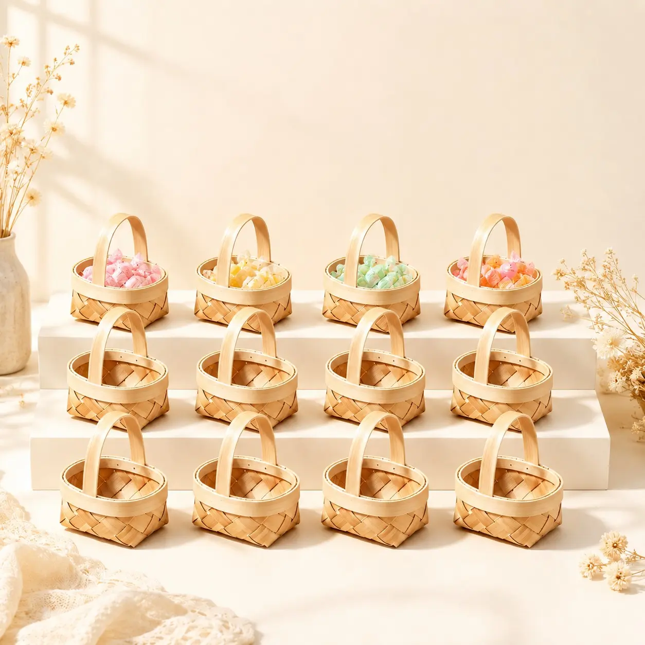 12 Pack Hand-Woven Lightweight Rustic, Natural Wood, Decorative, Mini Woven Baskets, Oval Storage Basket With Handle, For Tabletop Kitchen Desk Organization, Candy Container Craft Table Decor, Wedding Easter Bridal Shower Party Favor Supplies
