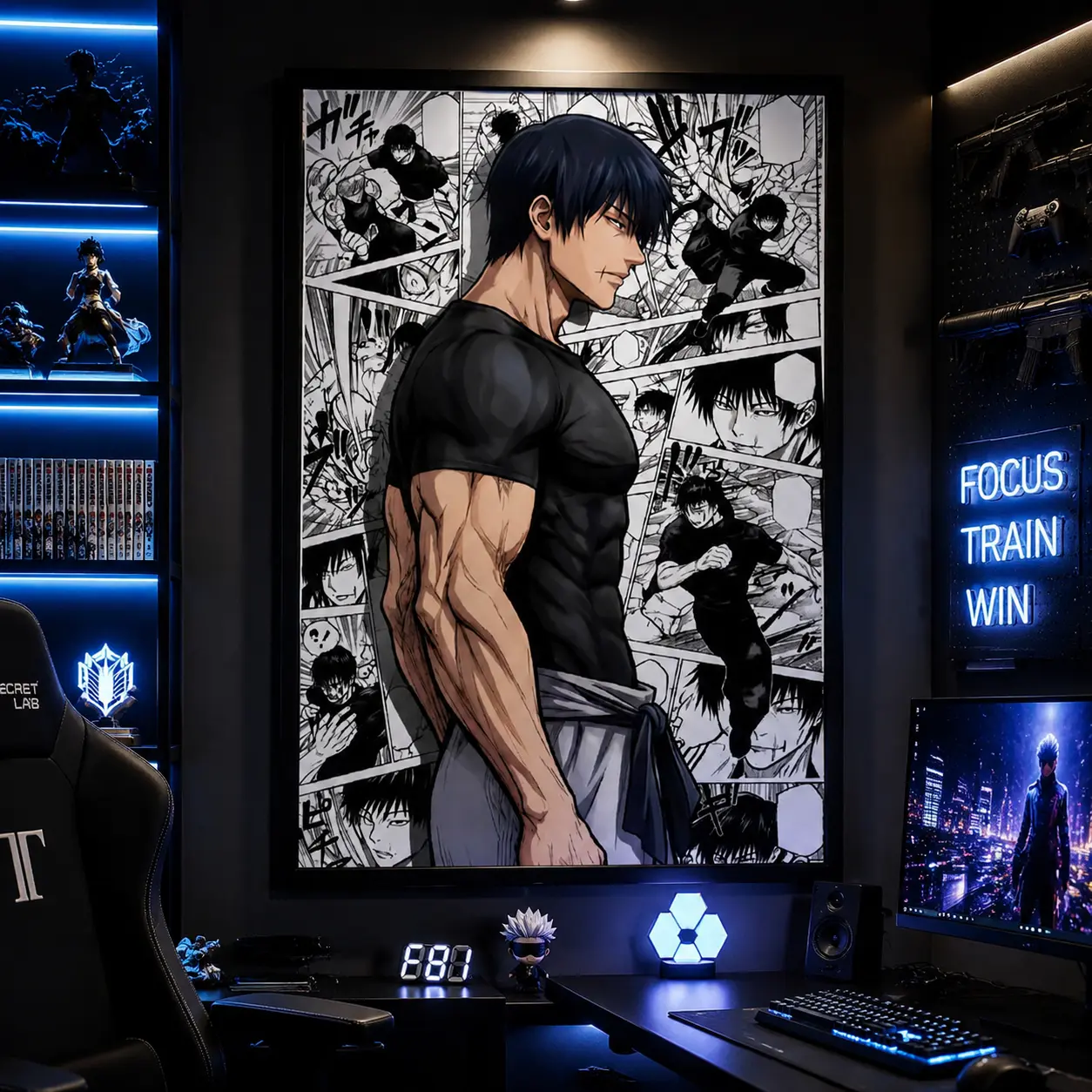 Jujutsu Kaisen Toji Fushiguro Artistic Canvas Print Wall Art, Muscular Black-Shirt Character Manga Collage Poster, High-Detail Action Panels, Japanese Aesthetic Home Decor, Gift for Anime Fans