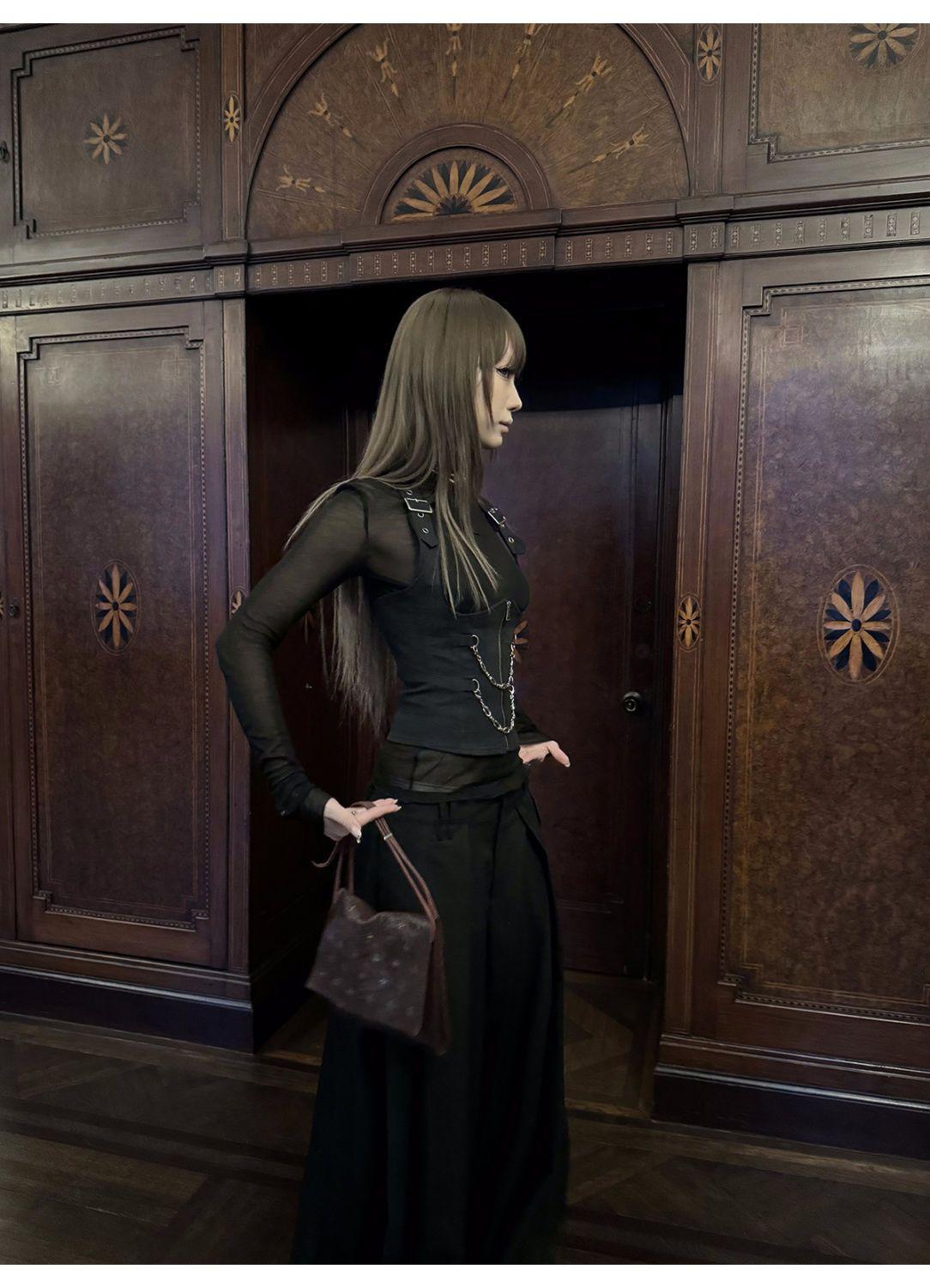 Autumn Gothic Spicy Girl Elegant Shirts Women  Zipper Design Vest + Retro Harajuku Blouse Female Chic Korean Popular Clothes