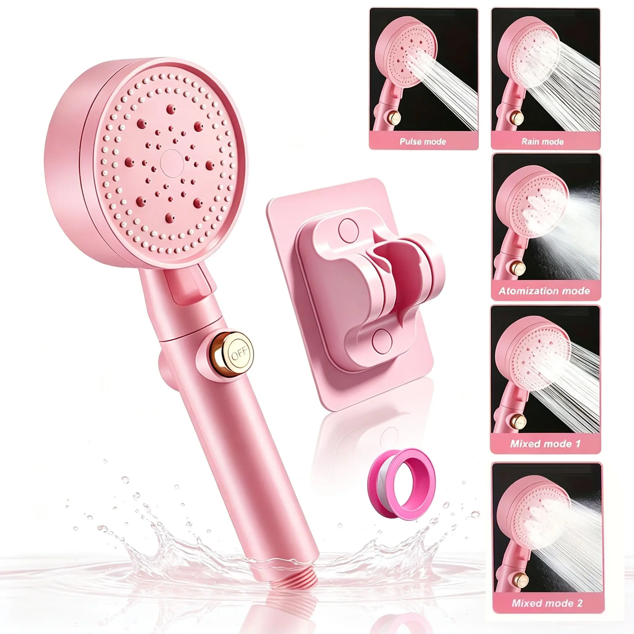 5 Modes Handheld Shower Head with Switch, No-Drill Self-Adhesive Mount, Water-Saving Set for Bathroom, No Hose Included