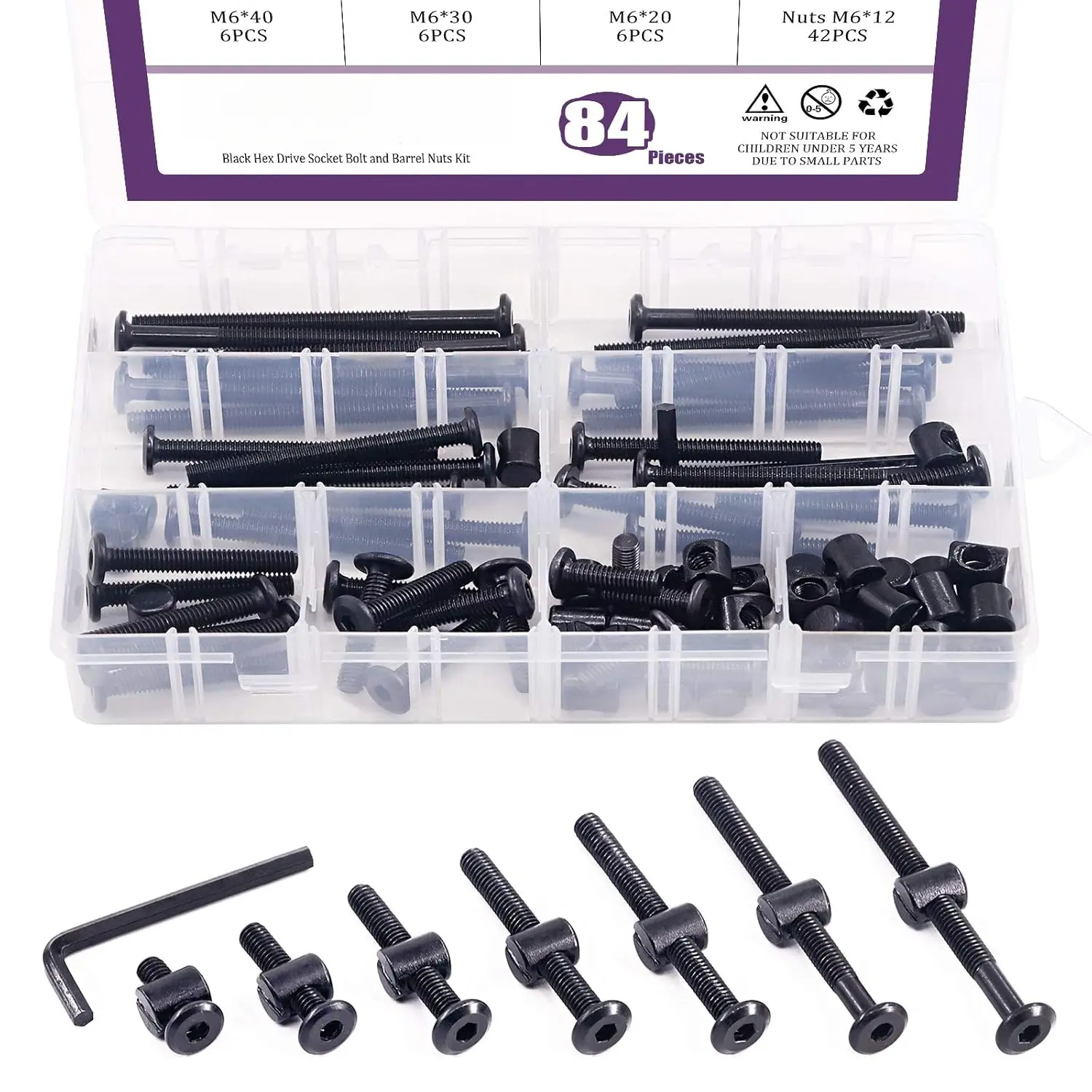 84Pcs Black M6 * 20/30/40/50/60/70/80mm Crib Hardware Screws Kit, Hex Socket Head Cap Cribs Baby Bed Bolt and Barrel Nuts with 1 x Allen Wrench Perfect for Furniture, Cots, Cribs Screws