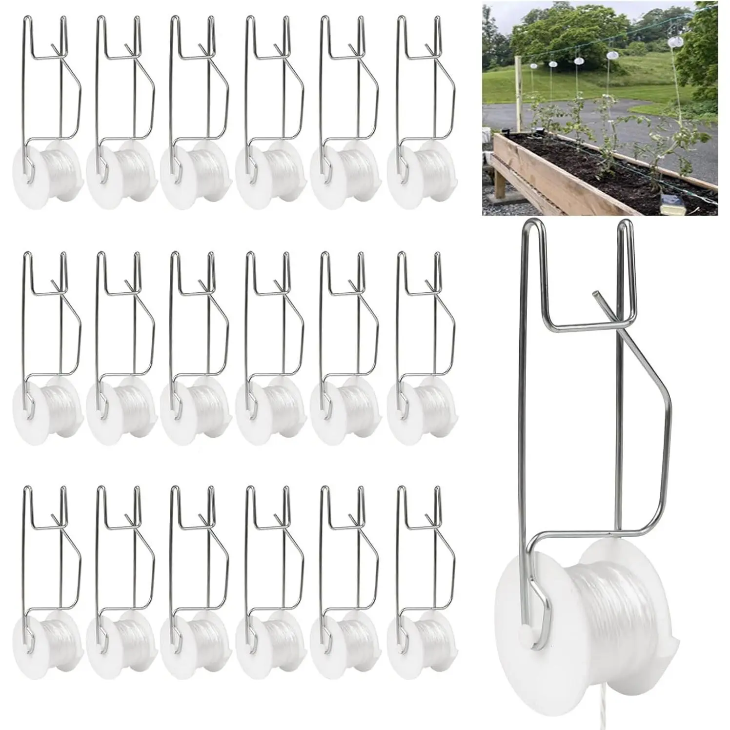20 Pack Tomato Trellis Roller Hooks with 49.2FT String, Plant Support Hooks for Greenhouse, Flower Vine, Twine Crop Trellis Kit