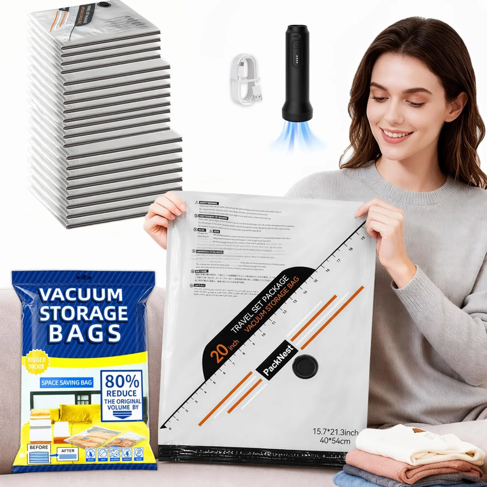 【Summer Vibes】Cordless Travel Vacuum Bag Set with Rechargeable Air Pump,15/20-Pack Space Saving Storage Bags, Airtight Resealing Sealed Organizers for Luggage, Sturdy Lightweight Clothes Storage Solution, Vacuum Bags For Travel