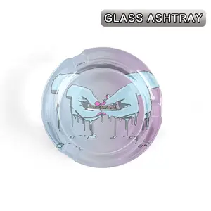 1Pc Round Gradient Purple Blue Glass Ashtray, Melting Drip Hand Rolling Joint Print Cigarette Ash Tray, Indoor Outdoor Desktop Home Office Patio Smokers Gift Decor