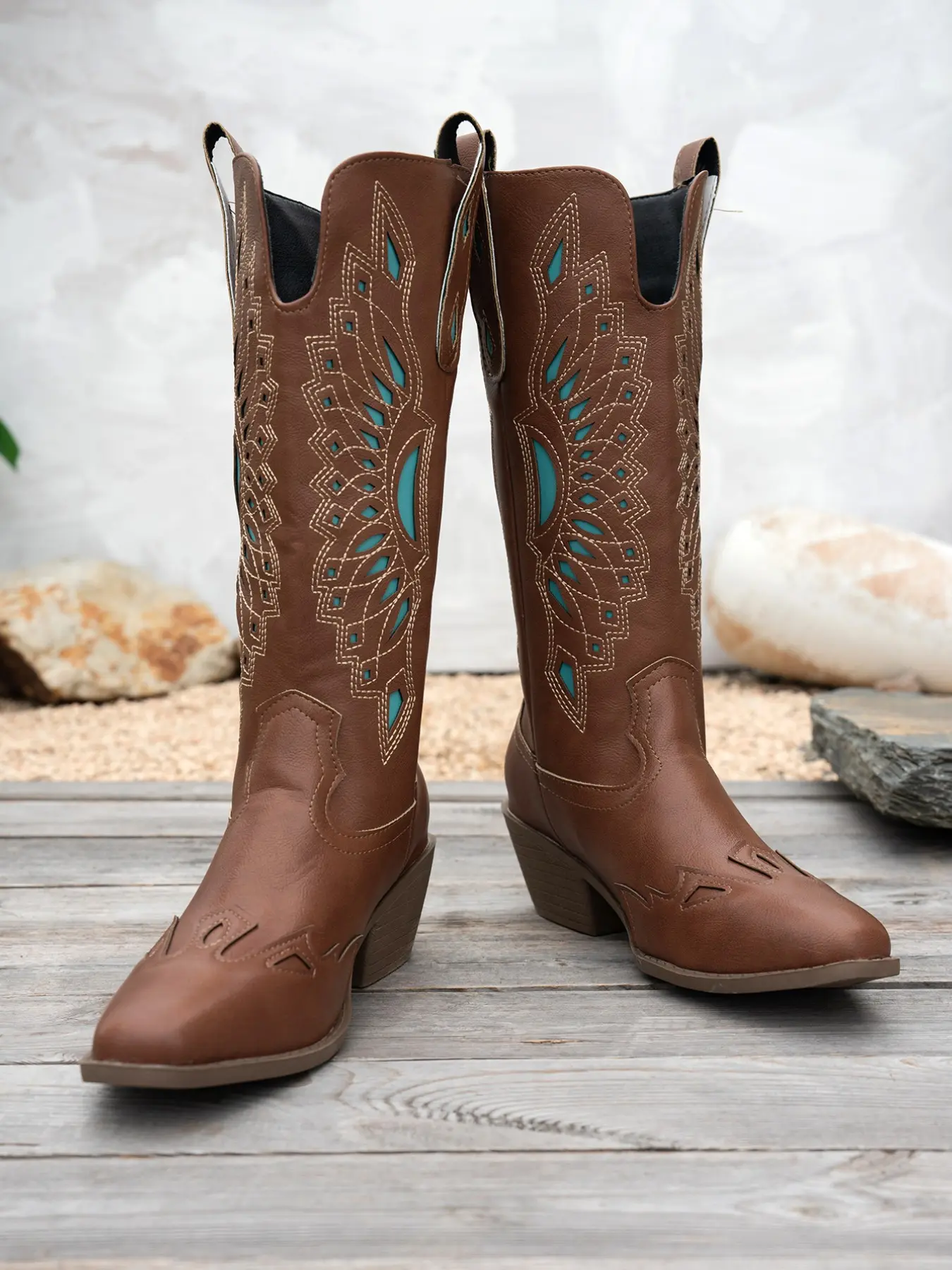 Geometric Cutout Embroidered High Calf Western Boots, Wood Grain Heeled Knight Boots, Breathable Pointed Toe Mid-Calf Boots, Rodeo Western Boots, Boots Heels