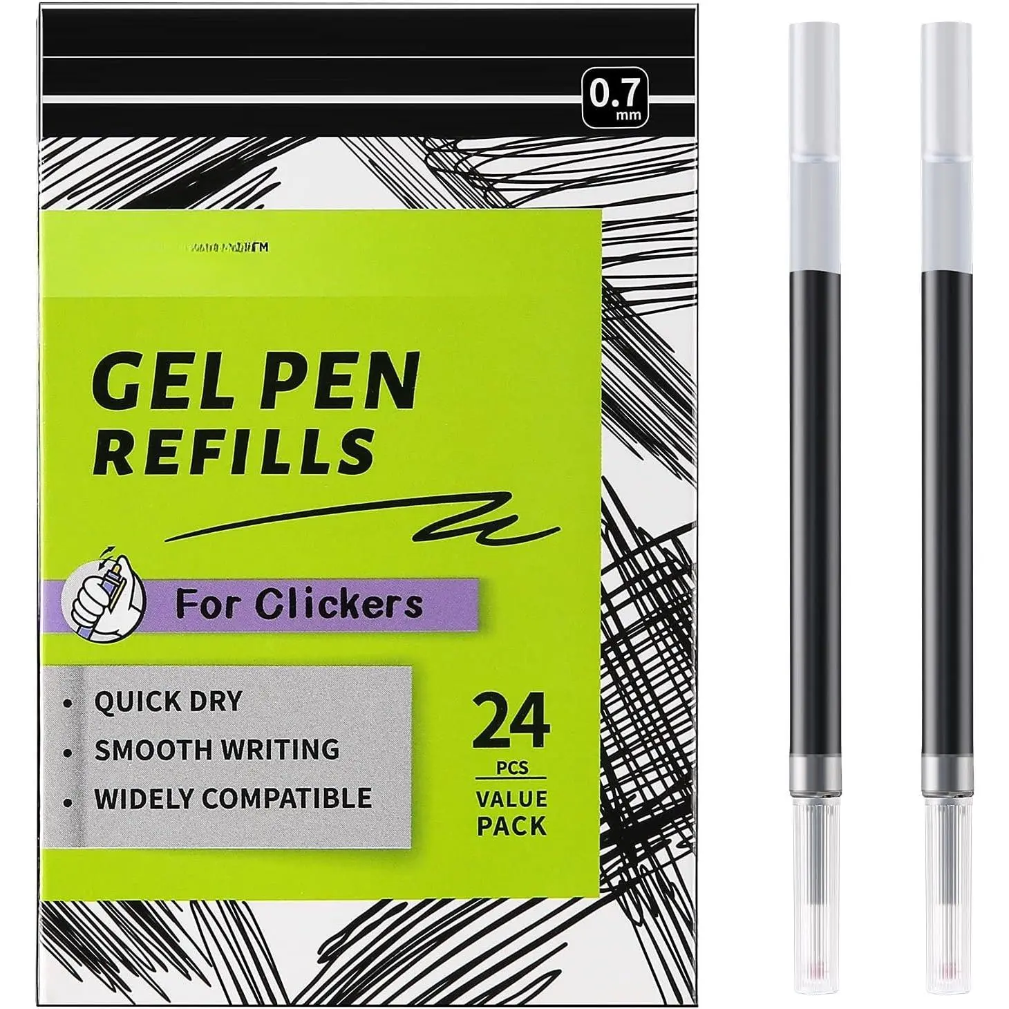 Gel Ink Refills for Retractable Click Pens, Medium Point Pen Refills | Pen Refills Compatible with  G2  Energel Jetstream  S-Gel Uniball Signo  Sarasa (black, 0.7mm, 24 count)