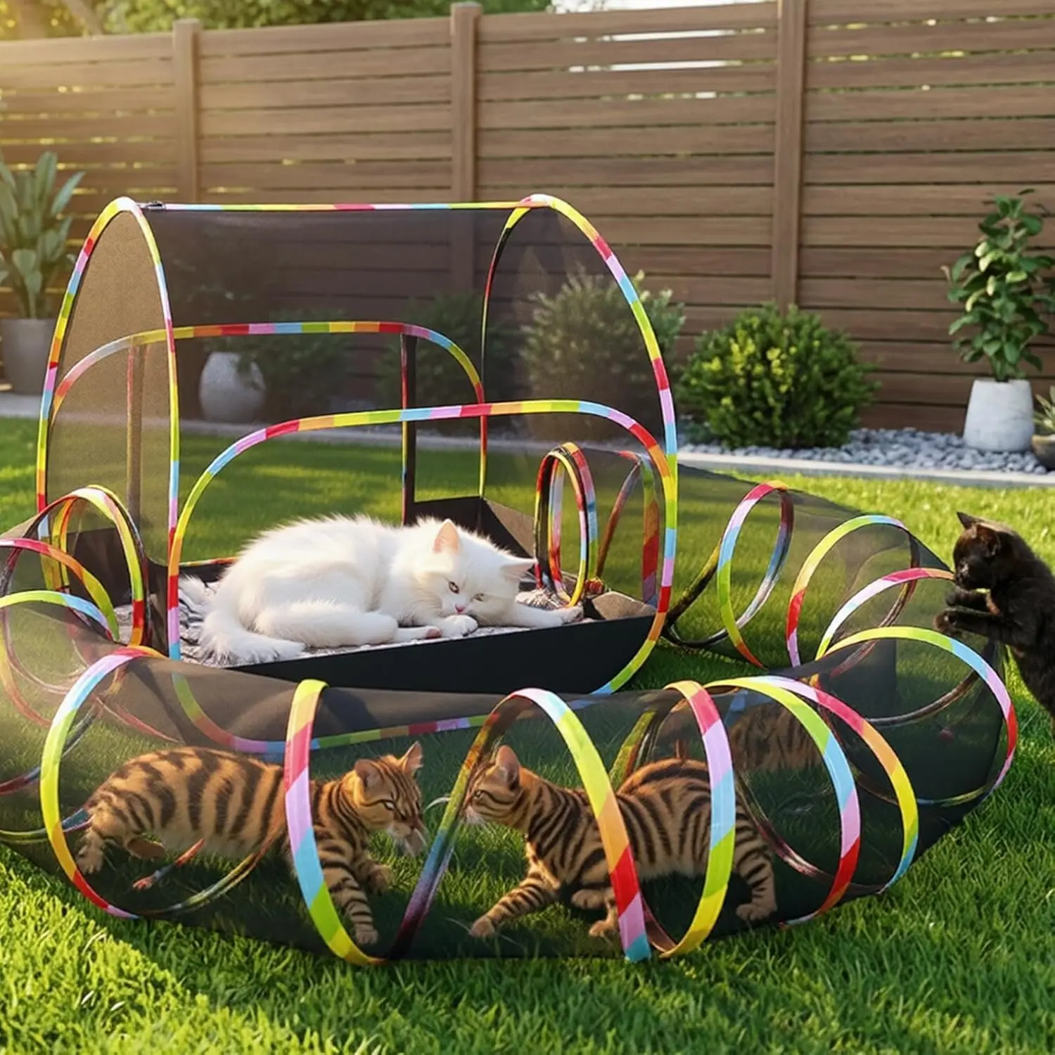 Outdoor  Enclosure, 2-in-1 Portable Pop Up  Mesh Tent with Tunnel for  Run, Easy Set Up and Foldable Catio Playground for Indoor Cats, Rabbits & Small , Includes Storage Bag