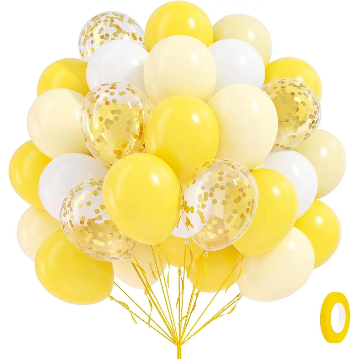60pcs 12in Thick-Wall Decorative Ribbon Balloon Set - Yellow, White, Pastel Yellow, Gold Confetti Balloons, Pump, Backdrop for Bee-Lemon Wedding, Birthday Party Decorations, Decorative Ribbon Balloons