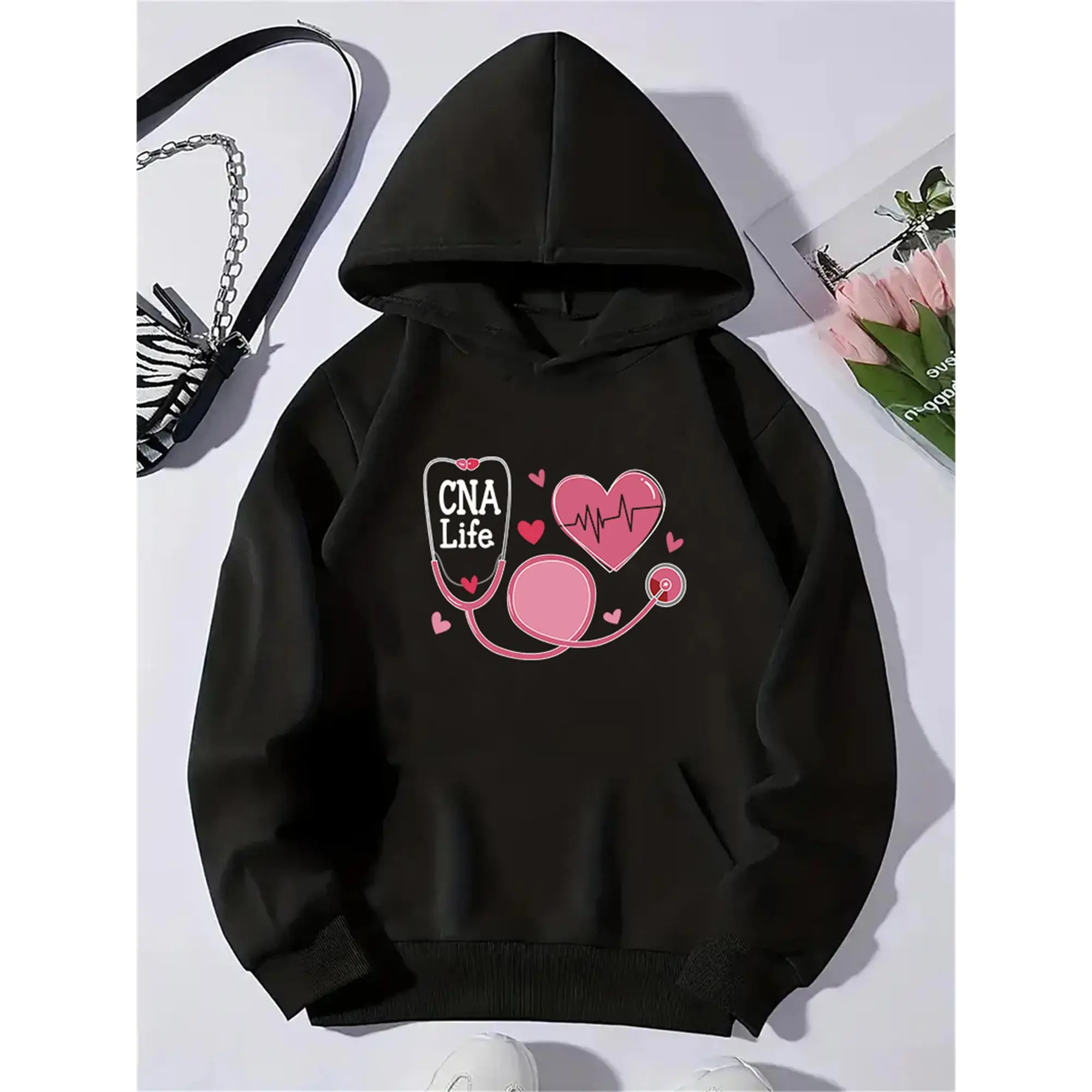 Pink Heart-Patterned Hoodie with Kangaroo Pocket, Comfortable And Casual Long-Sleeve Sweatshirt for Autumn And Winter, Women'S Fashionable Clothing