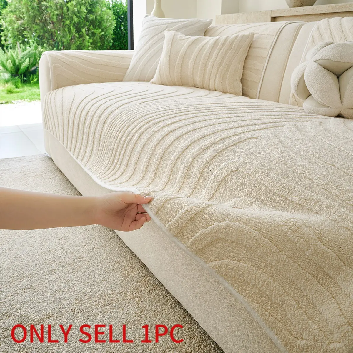 Luxury Ripple Plush Sofa Cushion, Pet-Friendly Non-Slip Seat Pad, Stain-Resistant Sofa Cover, Minimalist Home Decor, Winter Use